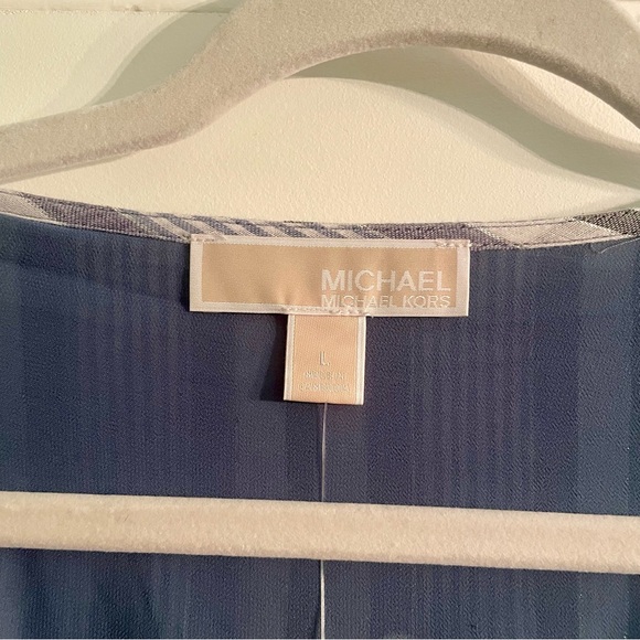 Michael Kors Women’s Short Sleeve Faux Wrap Dress Dark Chambray Blue Stripes Lg - Picture 3 of 11